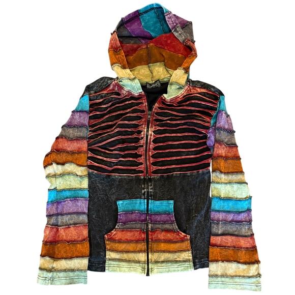 Patchwork Rainbow Hoodie Jacket Womens XL Acid Wash Boho Cotton Rave Hippie - Picture 1 of 6